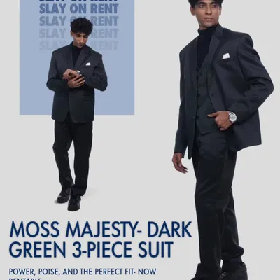 Moss Majesty isn't just a suit, it's a statement. This dark green 3-piece suit is power, poise, and the perfect fit, now available to rent.