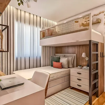A space-efficient design for a teen's room, featuring a loft bed with a woven cane railing. Below the loft, there's a cozy bed with built-in storage drawers, next to a sleek, modern study desk.