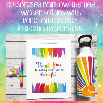 This colorful rainbow-themed gift set includes a personalized stainless steel water bottle, a rainbow pencil and eraser, all packed in a custom paper bag.