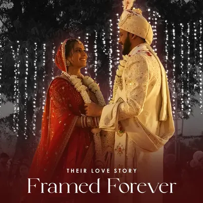 Their love story, framed forever. This shot captures the timeless romance of a couple on their wedding night, with a simple yet beautiful backdrop of string lights.