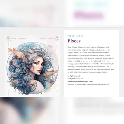 A preview of the weekly tarot reading for Pisces from my website. I pair each zodiac forecast with beautiful artwork to capture the energy of the reading.