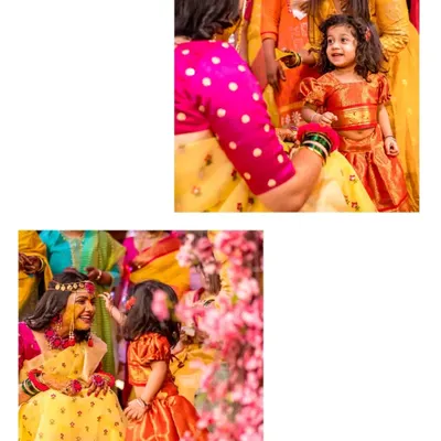 A perfect example of a lifestyle family photo taken during an important event. My goal is to find and frame these genuine moments of connection amidst the festivities. This image captures the vibrant colors and emotions of a Haldi ceremony through the eyes of its youngest family member.