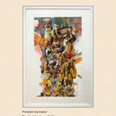 'The Architecture of Life' by Praween Karmakar, a complex and dynamic abstract collage that invites the viewer to find their own meaning in its layered forms.