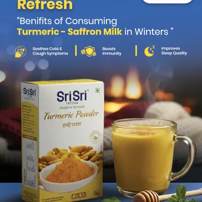 Refresh your winters naturally with a warm cup of Turmeric-Saffron milk. This cozy image explains its benefits for soothing colds, boosting immunity, and improving sleep quality, making it a must-have winter ritual.