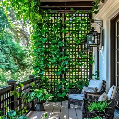 A dark wood trellis acts as a support for climbing vines, creating a natural privacy screen and a beautiful green feature wall. Paired with classic wicker armchairs and wooden decking, this design creates a shaded, traditional, and serene sitting area.