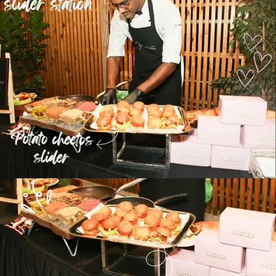 Our live slider station is always a hit. Here, our chef prepares fresh 'Shroom Sliders and Potato Cheetos Sliders, served in personalized boxes for a fun, casual dining experience.