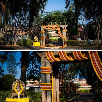 A collage showcasing the vibrant marigold decorations at an outdoor wedding venue. We love capturing the riot of colors that make Indian weddings so special.