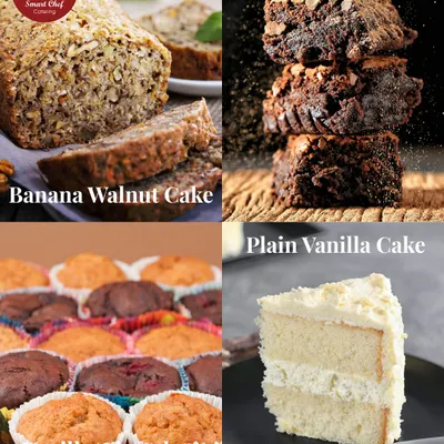 A selection of my 100% eggless desserts. This includes banana walnut cake, chocolate brownies, vanilla chocolate muffins, and a classic plain vanilla cake.