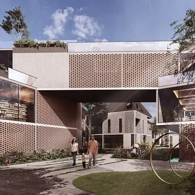 The clubhouse for our Kolgaon Masterplan is designed as a dynamic patchwork of programs. The facade mixes perforated brick screens with transparent glass containers, creating a building that is both functional and visually engaging.