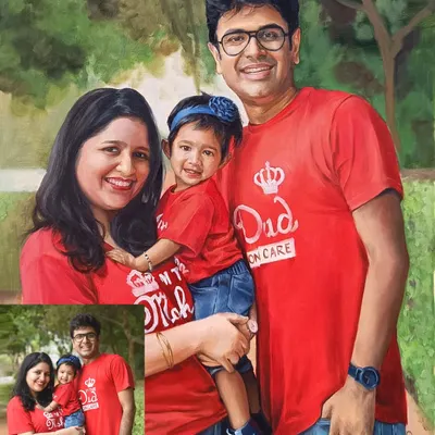 A perfect family portrait, created from a photo and transformed into a timeless oil painting. The matching red shirts create a wonderful sense of unity and fun.