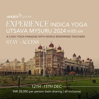 I am so happy to partner with the Indica Mysuru Yoga Utsava, a true paradise for any yoga lover. This image captures the magnificent backdrop of the Mysuru Palace for this festival. I have created a special all-inclusive package for our community to experience this event, which includes your stay and full access to learn from world-renowned teachers.