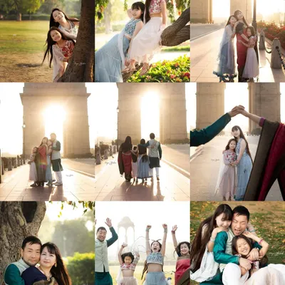 A collage from a beautiful family photoshoot at India Gate. This shows a variety of poses, from classic group portraits to fun, candid moments, all celebrating their love for each other and for India.