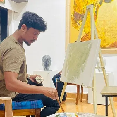 Beginning a live oil portrait at Rendition Art Gallery in Juhu. The initial stage involves laying down a tonal ground to establish the light and shadow before building up the details.
