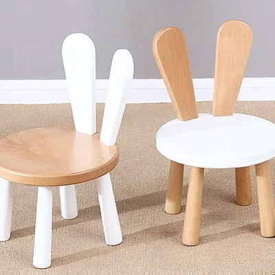 My bunny chairs are a customer favorite. This image shows the two popular color combinations, one with a natural wood seat and one with a clean white finish. They are sturdy, adorable, and the perfect size for toddlers.