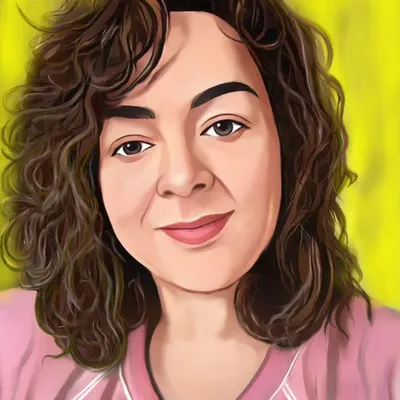 A commissioned digital portrait for a client from the USA, Debi Peru Camargo. I worked from her photo to create this colorful and lively artwork with a bright yellow background.