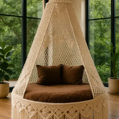 This natural beige bed swing brings a sense of calm to any room. Placed by a large window, it becomes the best seat in the house for enjoying the view. The intricate flower pattern is a detail we love to craft.