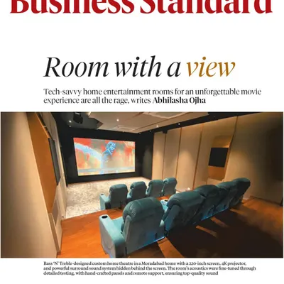 Our work featured in Business Standard, showcasing a custom home theatre we designed. This room features a 120-inch screen, 4K projection, and a precisely tuned surround sound system with hidden speakers for a clean, powerful experience.