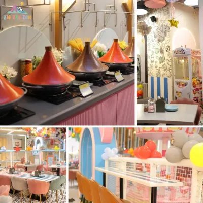 Every corner is filled with joy, including our cafe! This collage shows our food buffet setup and comfortable, colorful seating areas for families to relax and eat.