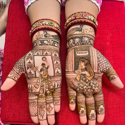 A special design created for Karva Chauth, a festival where married women fast for their husbands. This design depicts the tradition of viewing the moon, with the husband's name on the other hand.