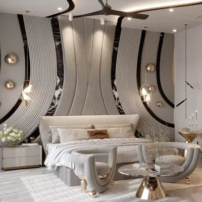 Inspired by the fluid curves of the feminine form, this bedroom uses a sophisticated grey palette with delicate gold accents. The wall paneling and furniture feature sinuous patterns that evoke elegance and sensuality.