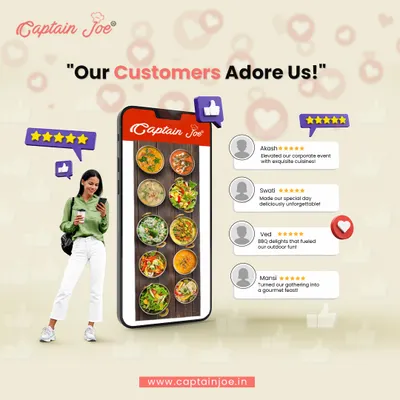 Our customers adore us! This graphic showcases positive five-star reviews from satisfied clients, reflecting our consistent delivery of exquisite cuisine and unforgettable event experiences.