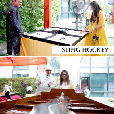 A collage of fun-filled games at a Mehendi ceremony. We included Sling Hockey and Ball Balance to get guests competing and laughing together.