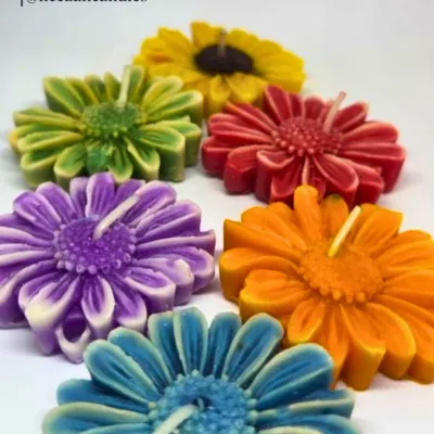 Daisies, but make them candles. This vibrant collection of our handmade daisy candles is ready to light up your space and your day with a pop of color and charm.