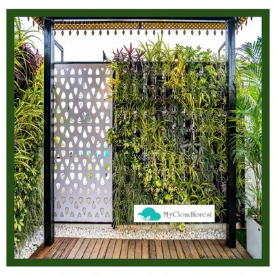 Modern design meets natural beauty in this entryway. I created a dense vertical garden that acts as a living wall, providing privacy and a burst of greenery. It is perfectly complemented by a sleek wooden deck and a custom-patterned metal screen, showcasing a blend of textures and materials.