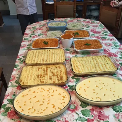 This is what it looks like when Travancore Tasties goes Continental. This was a large order with multiple trays of Shepherd's Pie, spaghetti, a creamy side dish, and my popular tender coconut pudding for dessert.