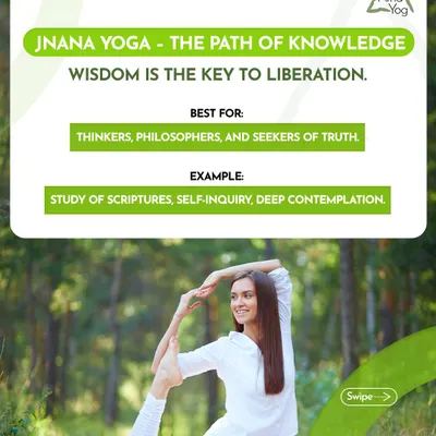 There are many paths on the yoga journey. This graphic introduces Jnana Yoga, the path of knowledge. It is best for thinkers and seekers of truth who engage in self-inquiry and deep contemplation. We help you find the path that resonates most with you.