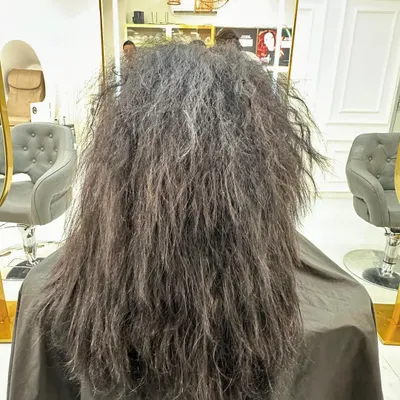 This is a common starting point for many of our clients: hair that is extremely dry, frizzy, and difficult to control. This 'before' picture shows the challenge we are ready to solve.