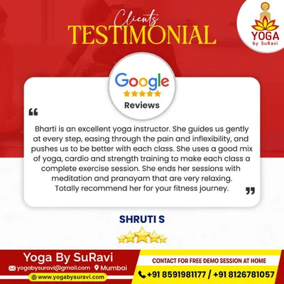 Shruti's review highlights our balanced approach, combining yoga, cardio, and strength training, ending with relaxing meditation and pranayama.