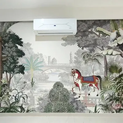 This custom mural with a royal horse and palace backdrop was installed at an Oberoi property in Mumbai. I meticulously planned the layout to ensure the AC unit didn't disrupt the main elements of this beautiful desi design.