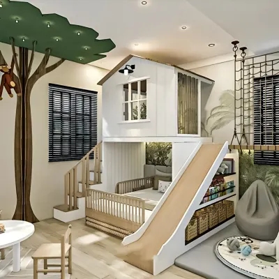 A magical, jungle-themed kids' room featuring a custom-built house-frame loft bed with a slide. The design includes a small staircase, built-in bookshelves, and a cozy nook underneath, creating the ultimate play space.