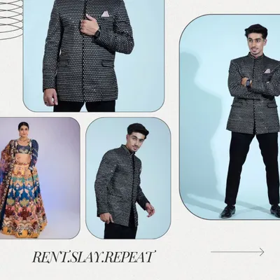 Rent, slay, repeat. This collage shows a coordinated look with a man in a stylish bandhgala and a woman in a vibrant printed lehenga.