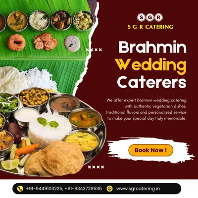 A showcase of our Brahmin wedding catering, featuring both a traditional banana leaf meal and a plated thali. We offer personalized service to make your special day truly memorable with authentic vegetarian dishes and traditional flavors.