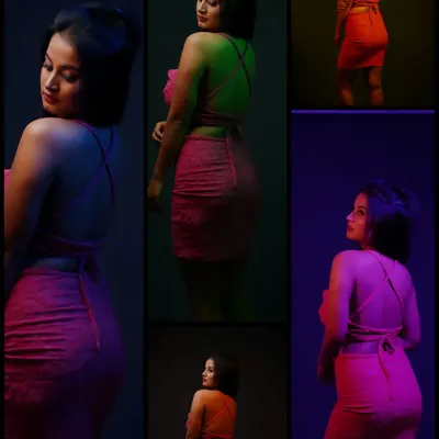 An experimental portrait of actress Anusha Rai using a collage format and colored lighting. This style is great for creating edgy and modern social media content.