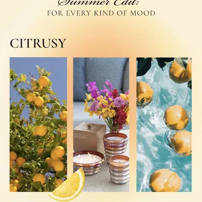 Sun-drenched escapes, just a breath away. This summer mood board captures the citrusy vibe of the season, perfectly complemented by my iridescent Scented Utopia candles.