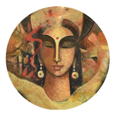 An untitled acrylic painting on a 28-inch circular canvas, featuring a serene female face in my signature style.