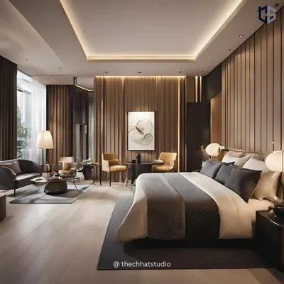 This spacious hotel room concept uses a rich palette of dark browns and whites to create a cozy yet sophisticated oasis. I designed the layout to include a comfortable seating area, making the room feel like a complete living space, not just a place to sleep.