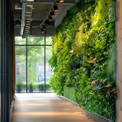 A lush artificial green wall installed along a hallway, bringing vibrant life and texture to the space. The track lighting above highlights the different shades and forms of the foliage.