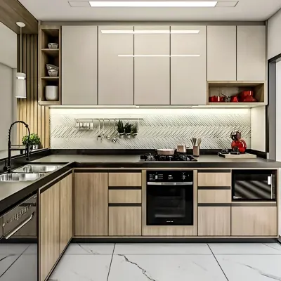 A modern L-shaped kitchen featuring a two-tone scheme with wood-finish base cabinets and off-white wall cabinets. The design is enhanced by a textured backsplash and integrated under-cabinet lighting for a functional workspace.