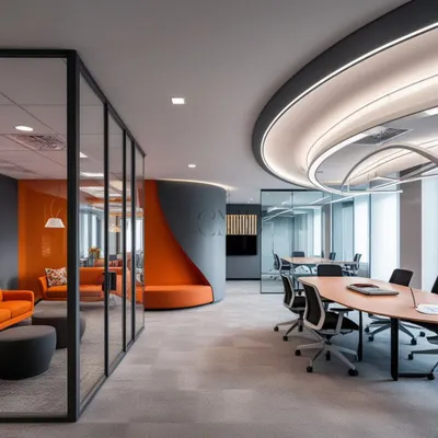 A wide view of a Delhi office project, showcasing how curved partitions and strategic use of color can define different zones without closing off the space. The design promotes an open-plan feel while providing distinct areas for meetings, collaborative work, and informal discussions.