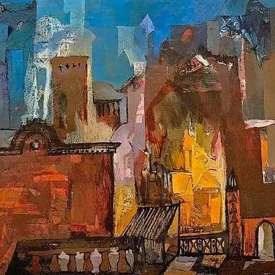 Architecture is a profound source of inspiration for many artists. Somenath Maity, a leading contemporary artist from Bengal, deconstructs and rebuilds urban forms in this cityscape, creating a dynamic composition of light and structure.
