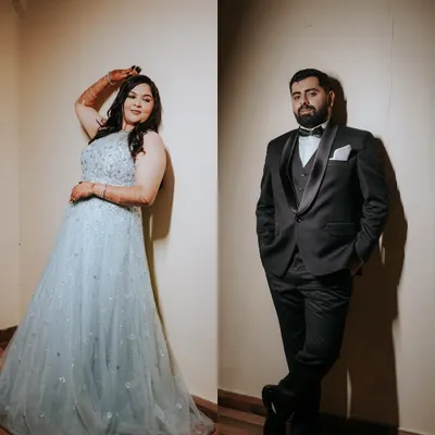 A modern fairytale. This diptych captures the bride's elegant pose and the groom's classic style, showcasing their individual personalities before they come together as one. A perfect Sangeet look.