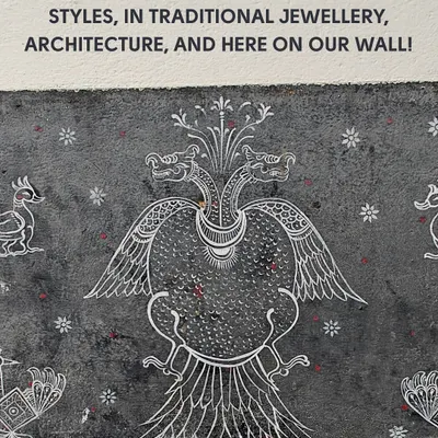 A mural of the Gandabherunda on our studio wall. This mythical two-headed bird is a powerful symbol of Karnataka's heritage, and we are proud to feature it in our archive and our art.