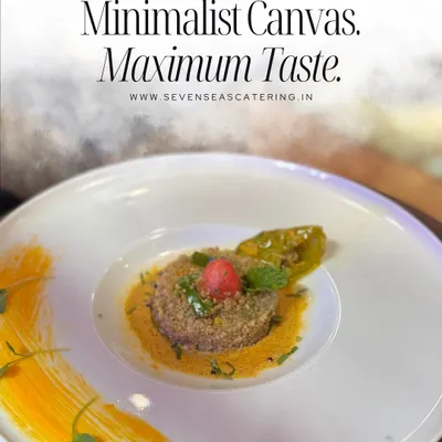 Minimalist Canvas. Maximum Taste. This dish exemplifies our philosophy: a clean, white plate acts as the perfect backdrop for a composition of flavour, texture, and colour.