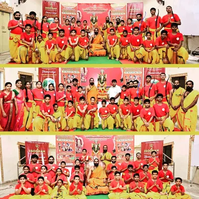 A collage capturing the vibrant energy of our Dhanurvidya camp at the Ramanarayanam temple. You can see students of all ages united in their traditional attire, ready to learn and grow together.