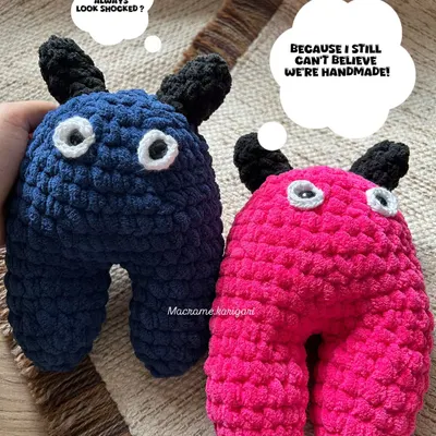 "Why do you always look shocked?" "Because I still can't believe we're handmade!" Meet our quirky and lovable monster teeth toys, made with super soft chunky yarn. They are squishy, a little spooky, and perfect for cuddles.