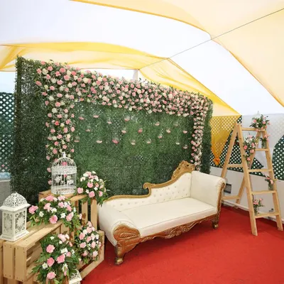 A beautiful setup for an intimate lockdown wedding. We created this photo corner with a floral green wall and elegant seating under a tent, proving that a small space can still be grand.
